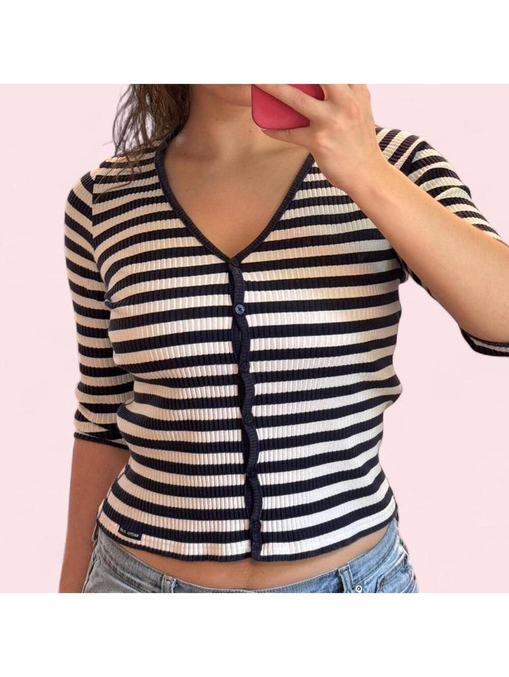 Vintage Nautica striped cardigan with 3/4 length sleeves